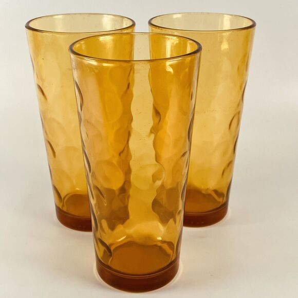 3 Vintage Hazel Atlas Amber Yellow Tumbler Glass El Dorado Gold Optic Dot 6.25” - Picture 1 of 9